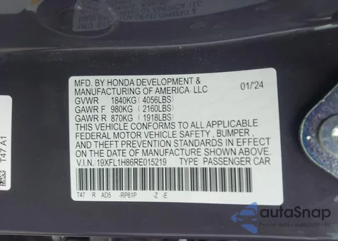 2024 Honda Civic Sport Touring из США, поврежденный, VIN 19XFL1H86RE015219